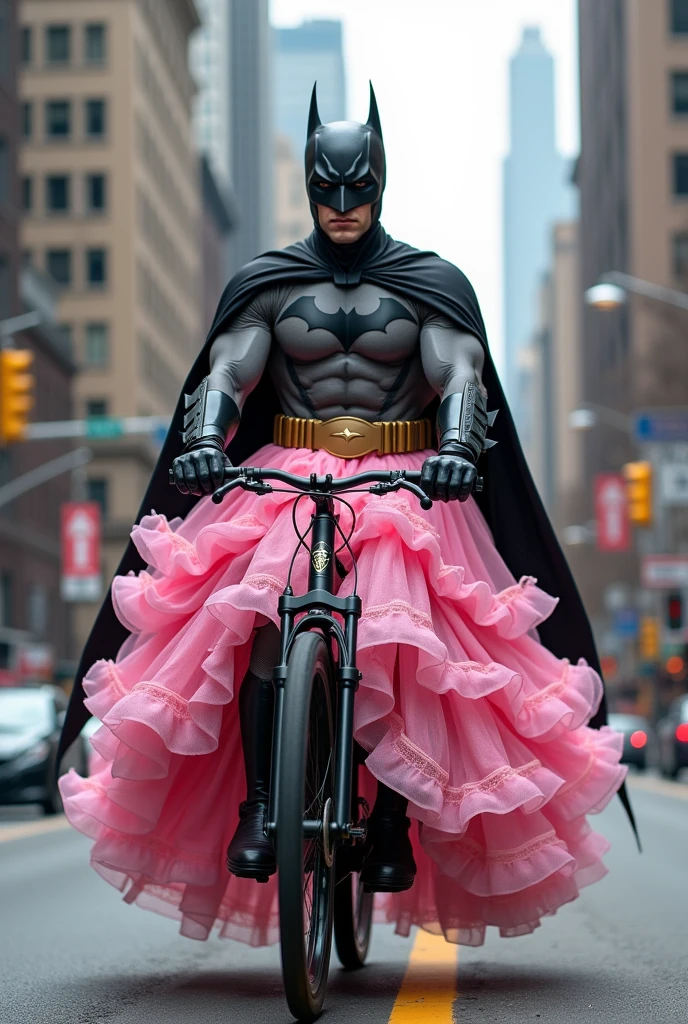 Batman in pink princess dress, cycling, side view, with pink outfit