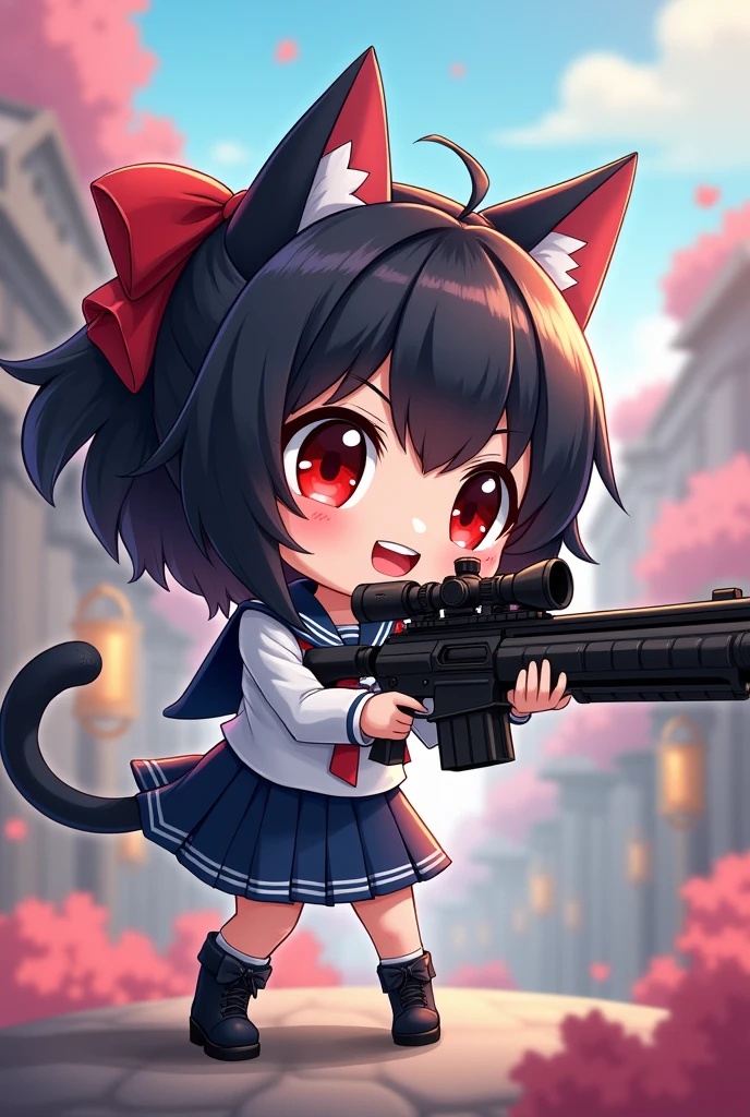 Cat　Cat耳　Chibi character　Girl　Sailor suit　sniper rifle　Black hair okata　Red ribbon　****ta　sunglasses