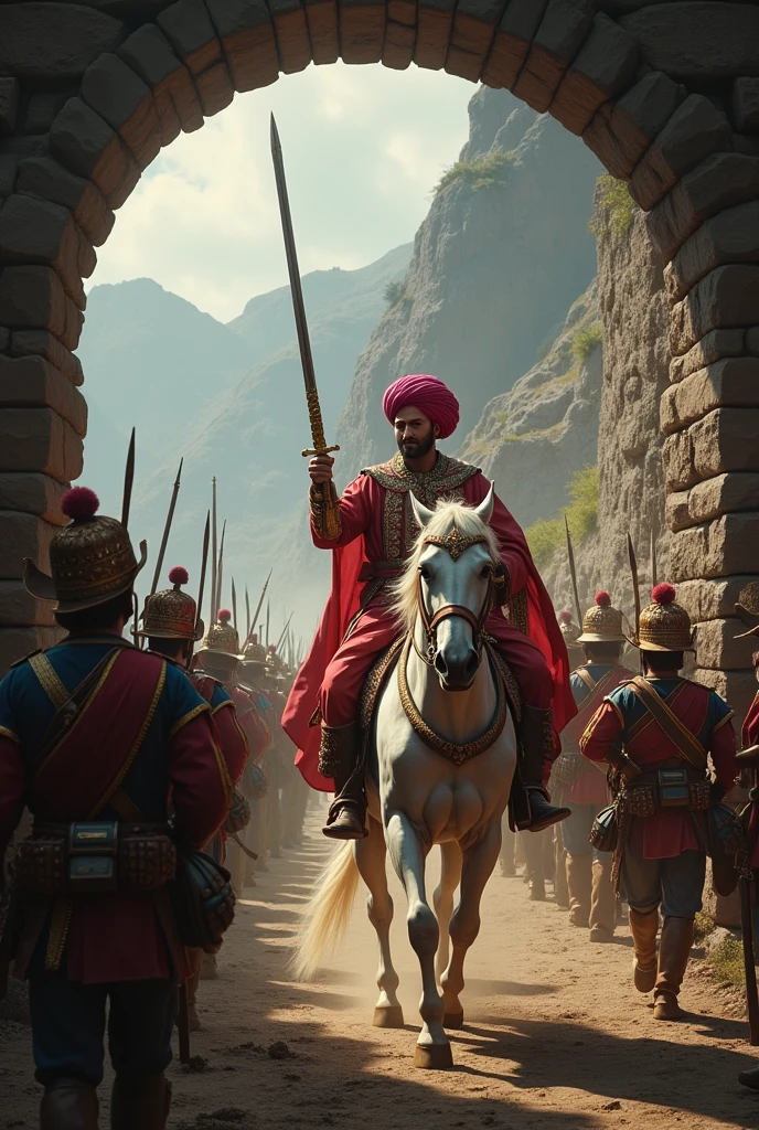18th century Tipu Sultan of Mysore wearing a rose turban holding a turkish sword in right hand riding a white horse surrounded by his soldiers emerging from a short dark stone arched tunnel in 8k resolution landscape photorealistic image. British soldiers are targeting and firing at them with muskets