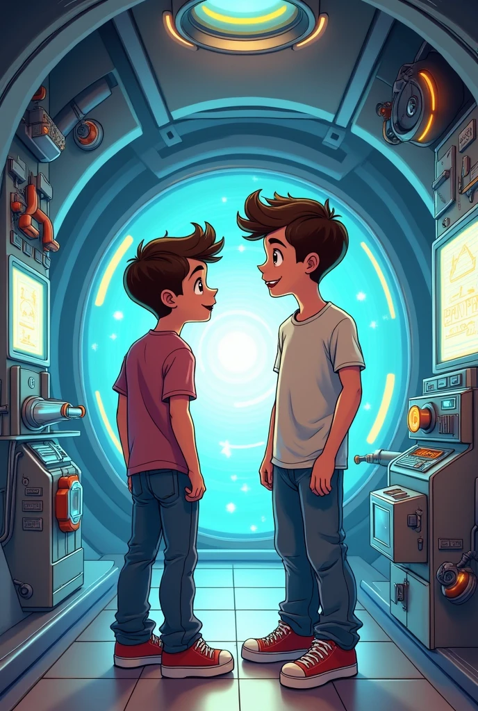 Two brothers in 2d animated version white with brown hair dressed in clothes from the year 2000 in a time machine 