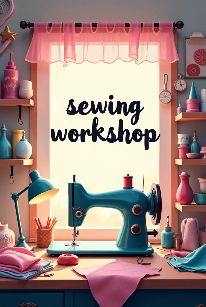 Crea una imagen de un sewing workshop con sus materiales y una máquina de coser, without people in it in pink colors, blue, black and gray, with the phrase in the center that says "sewing workshop"