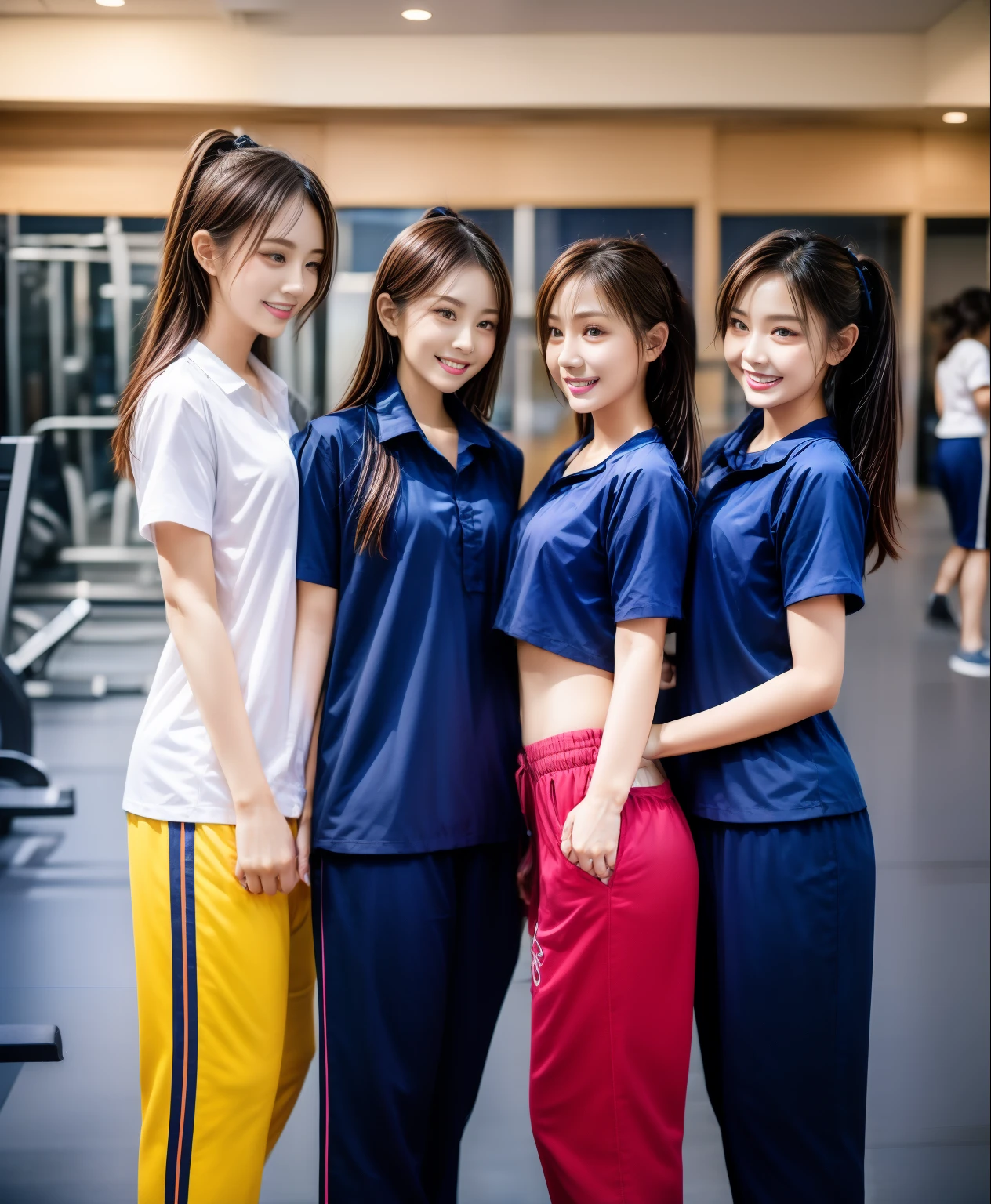 3 girls in fitness center, Navy blue short-sleeved shirt,Navy Long Trackpant,Sweatpants, Sweatpantsขายาว,25 year old girl, lesbian, sexy, exercise clothes, wet body, exercise clothes