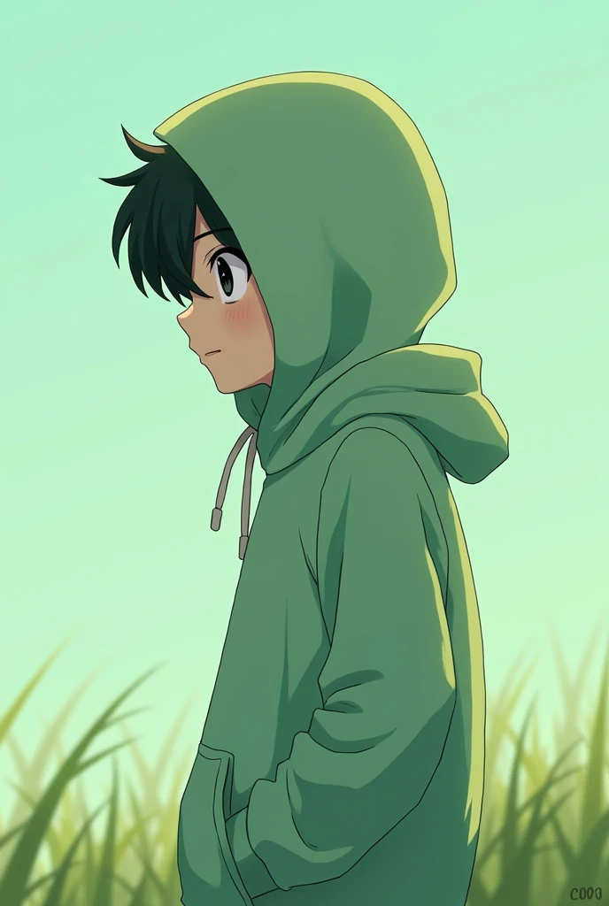 masterpiece, Alone, boy with a pastel green oversize hoodie anime of profile full body, dark black eyes, in a grass biome, loking for left