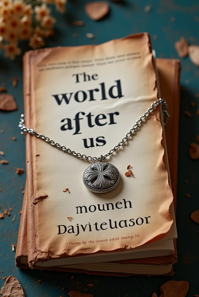 The cover of a romantic drama book with the title: "the world after us" and put something on the cover that resembles a silver necklace