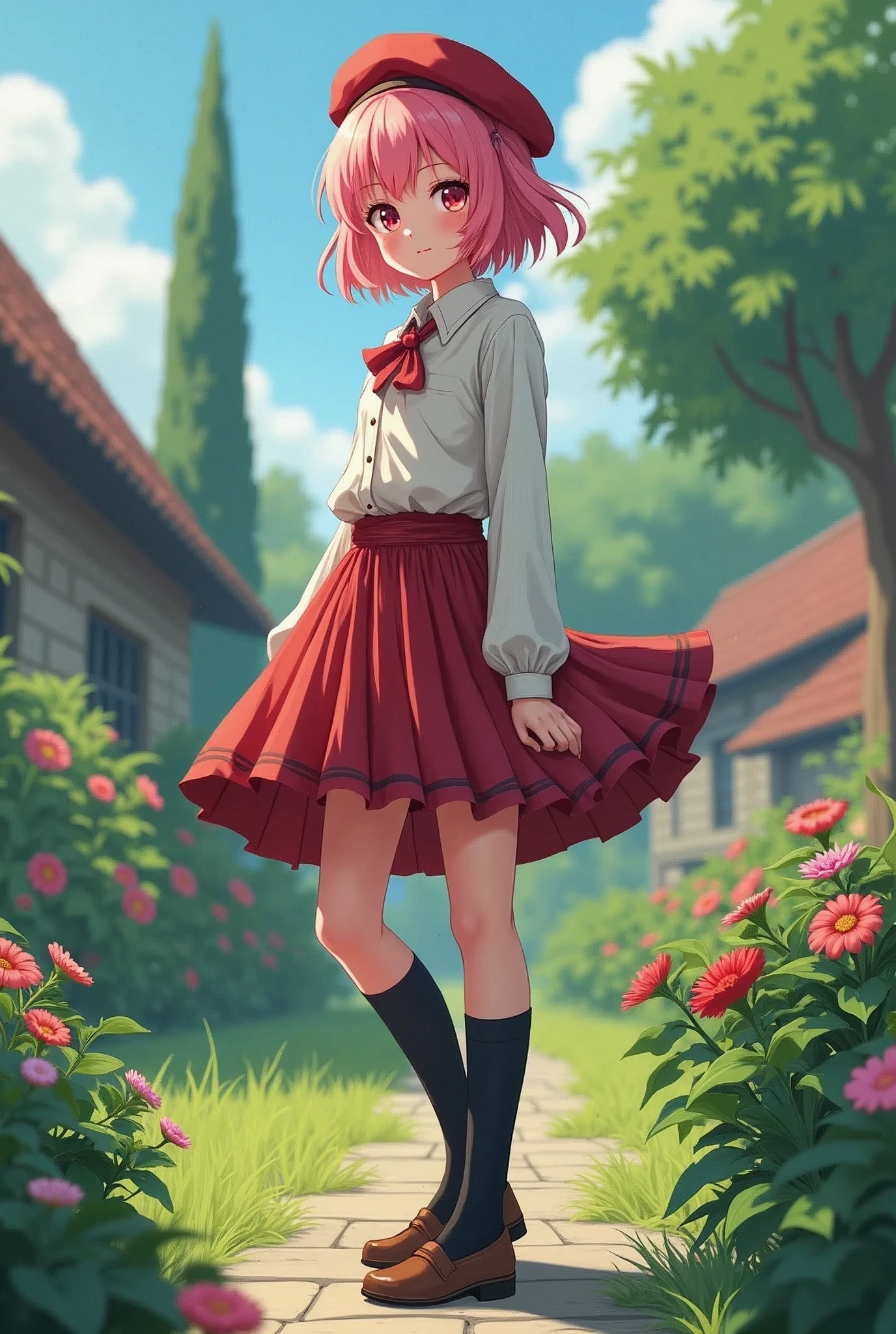 (absurdres, highres, ultra detailed, realistic),1 boy, 20 years old, pink hair, short hair, long skirt, long socks, black socks, beret,standing on a garden