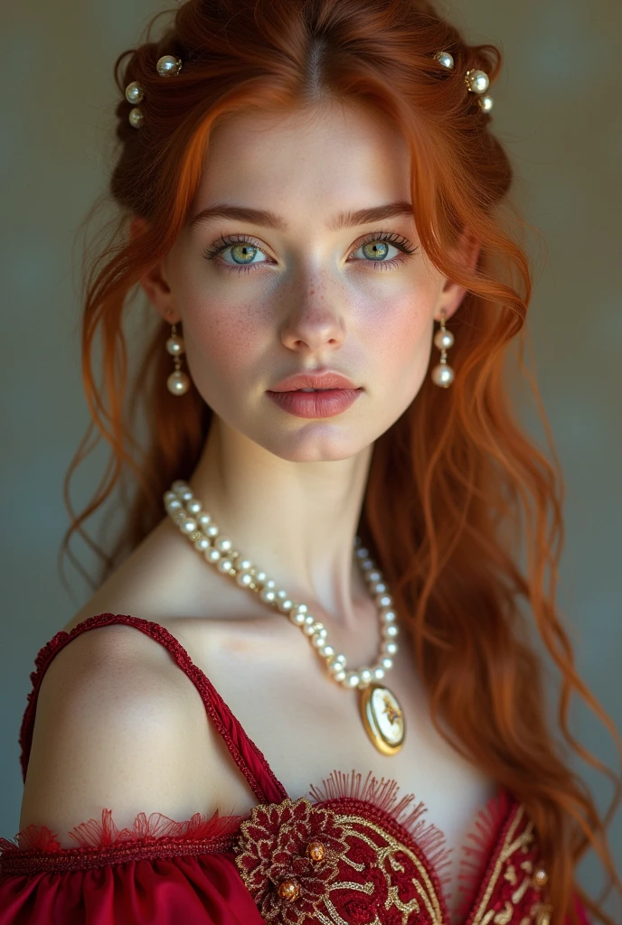 Photograph of a 16 year old girl, perfect face, masterpiece, princess clothes, green eyes, redhead, white pearls , red.