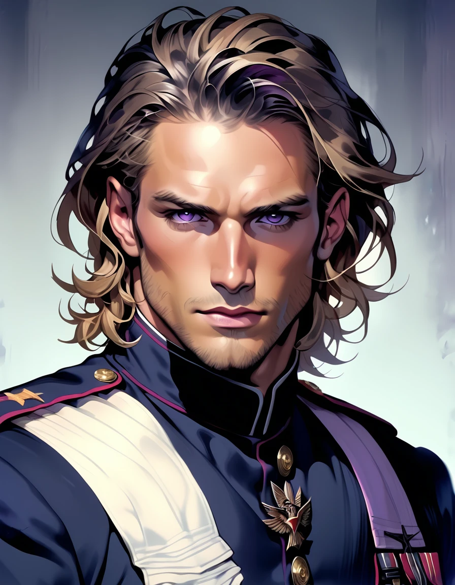 male, late 30s, blond, shoulder-length, middle-part wavy hair, light-purple, deep-set, Sanpaku eyes, slightly thick blond beard, aquiline and hooked nose, slightly underbite, chiseled, slightly long face, fearless expression, strong and dependable body, navy blue military uniform, portrait
