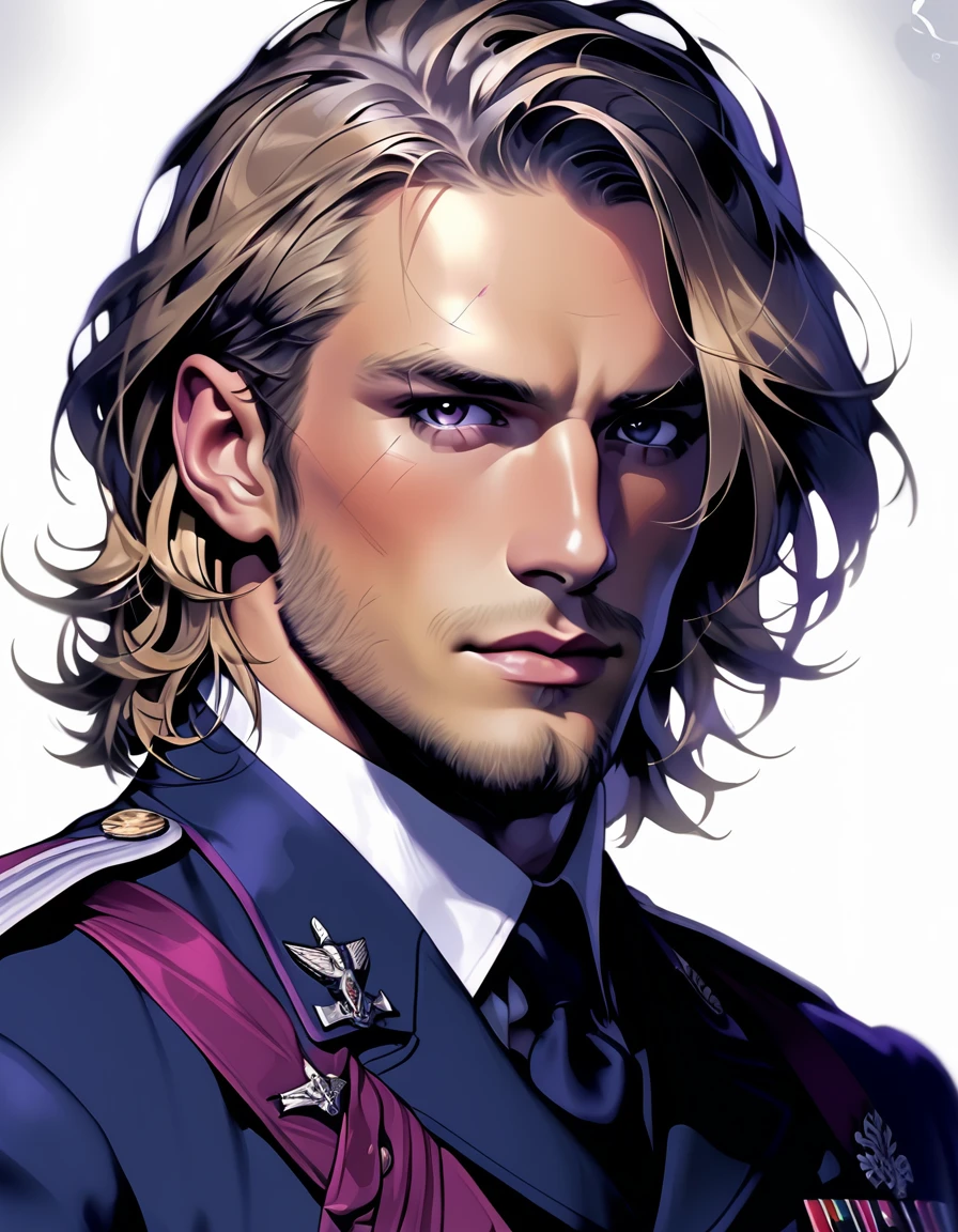male, late 30s, blond, shoulder-length, middle-part wavy hair, light-purple, deep-set, Sanpaku eyes, slightly thick blond beard, aquiline and hooked nose, slightly underbite, chiseled, slightly long face, fearless expression, strong and dependable body, navy blue military uniform, portrait
