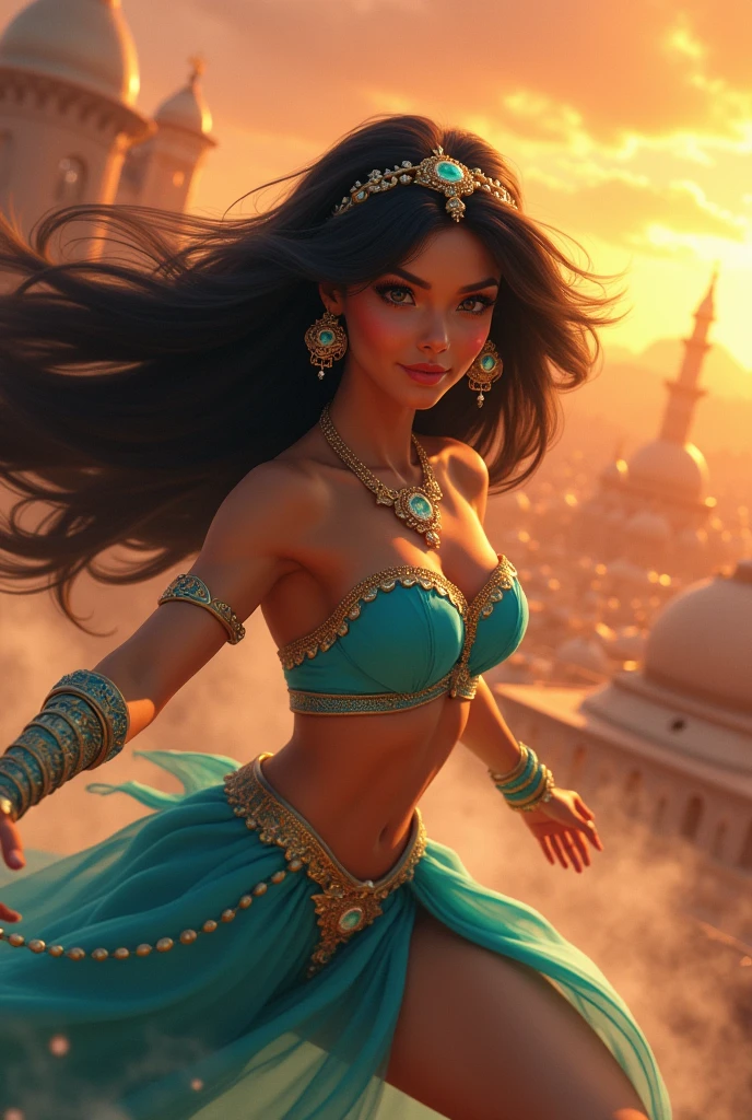 Stunning Princess Jasmine, photo in 8k, in action, cinematic.