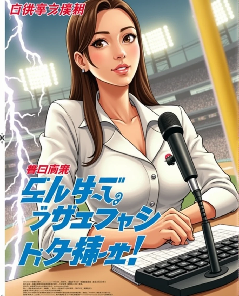 Woman sitting at a desk in front of a microphone, Instagram, Shinhanga, baseball stadium during a game, bright atmosphere, Tokyo Dome, covered!!, official media, Akira Toriyama, lightning!! (((photo, photorealism))) Adult video poster layout, (((on-screen text: "The current female announcer of that famous baseball team makes a shocking AV debut!!"))), (((DVD mark, Blu-ray mark))).