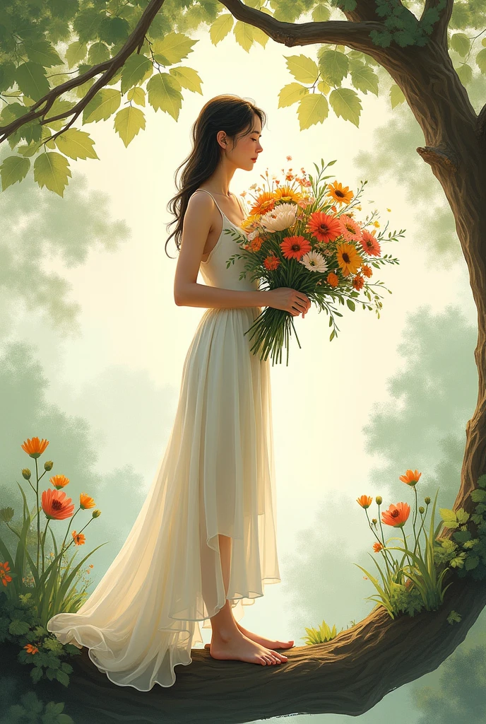 a human(drawning) HOLDING flowers on a tree branch