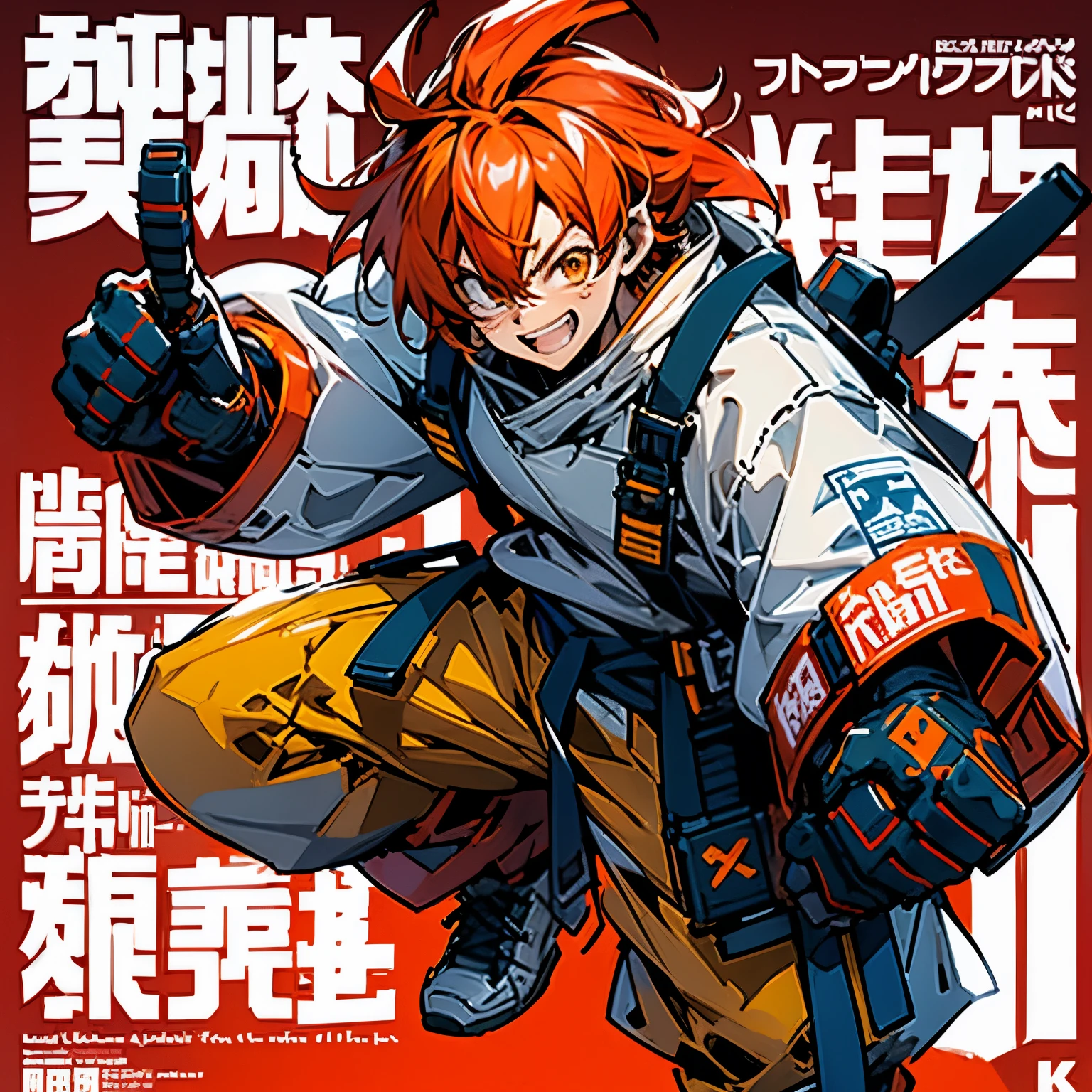 A red Goku-themed character, whole body, サイバーパンク, Wearing big sneakers, Combat Ready, Big machine hands, Simple Background, Magazine Cover, Jump up, Punching pose, male, boy, ショートカット, crazy eyes, tsurime, monkey ears, clenched teeth, grin, skin fang, raised fist, projected inset, UHD, best quality, highres, 8k
