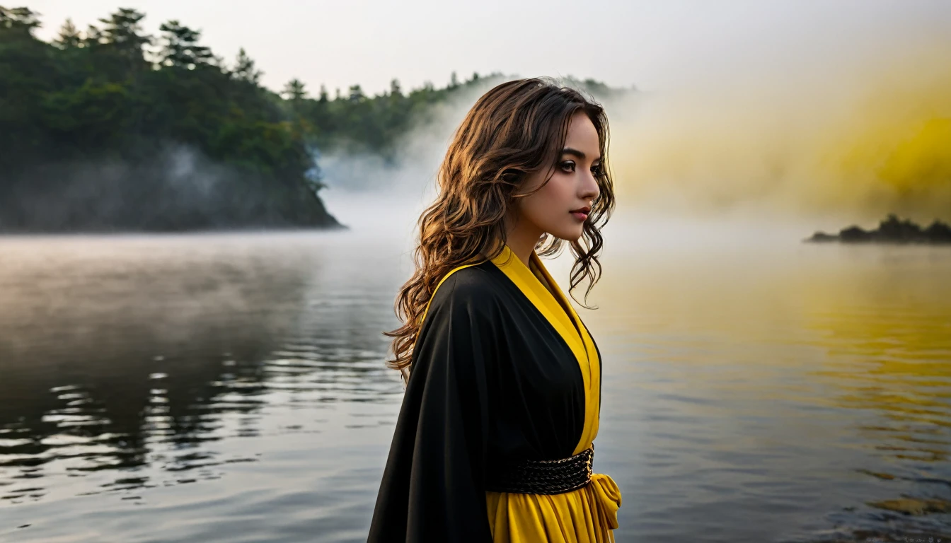 ((masterpiece, Fantasy,One eye closed, Girl)), Brown wavy hair,Shoulder-length hair, Black robed assassin, Yellow Eyes, Lakeside, fog