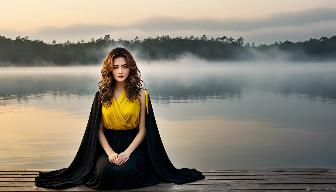 ((masterpiece, Fantasy,One eye closed, Girl)), Brown wavy hair,Shoulder-length hair, Black robed assassin, Yellow Eyes, Lakeside, fog