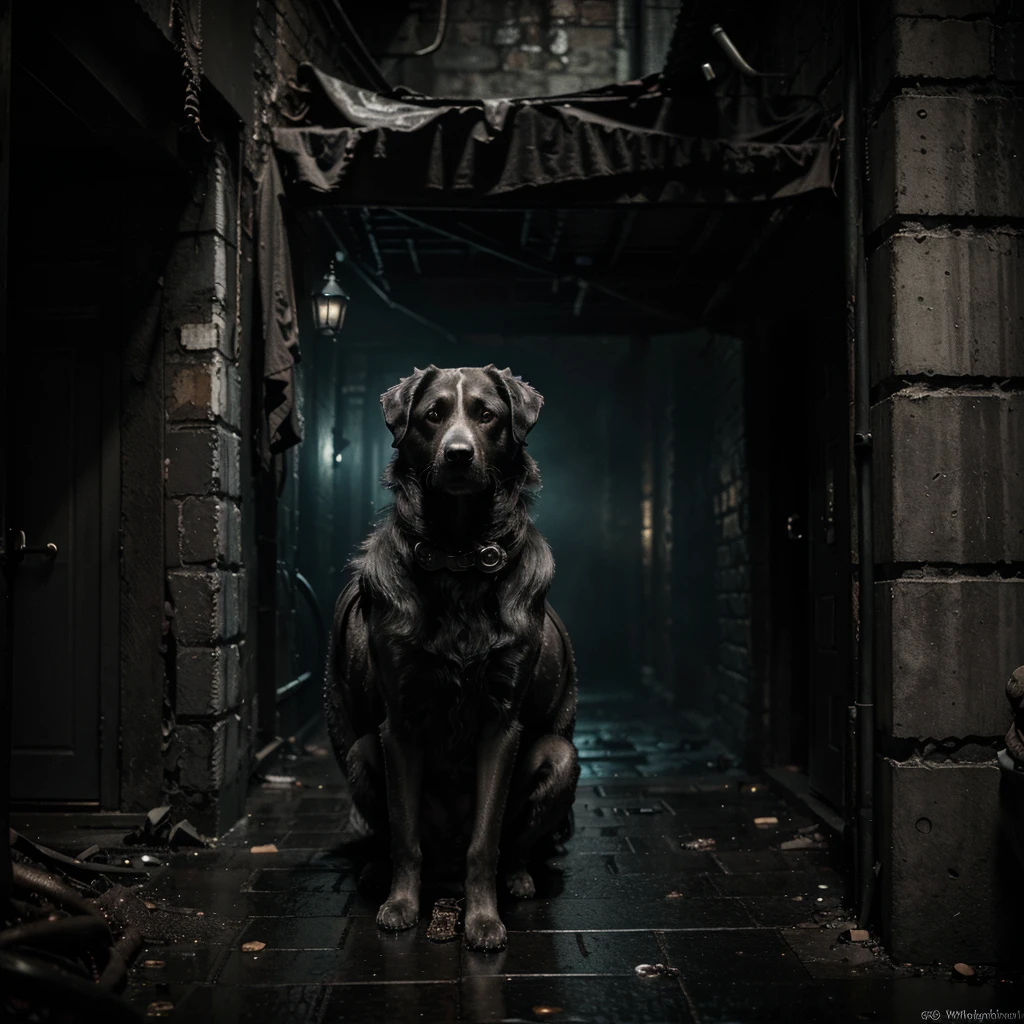 tentacles, dog, alley, dark, gritty, horror, detailed, surreal, grotesque, gothic, cinematic lighting, moody atmosphere, muted colors, dramatic shadows, unsettling, otherworldly, (best quality,4k,8k,highres,masterpiece:1.2),ultra-detailed,(realistic,photorealistic,photo-realistic:1.37)
