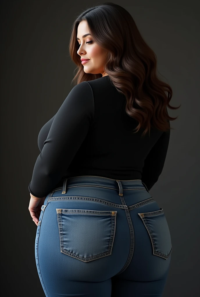 Create a american woman image with jeans and black top big ass and big breast