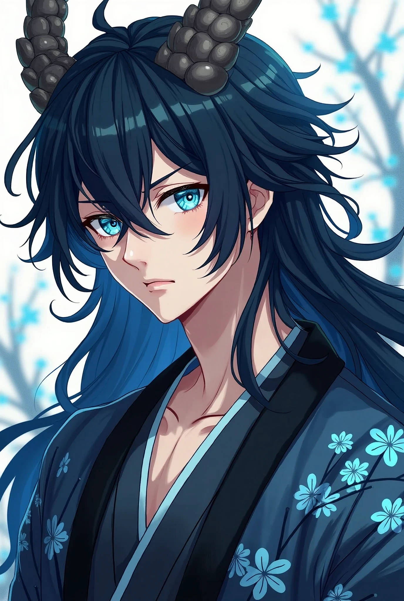 (handsome man with long black hair,Crystal Blue Eyes Japanese Dragon Hybrid,with tail and rounded horns like branches,black haori with sky blue cherry print,anime style blue scales )