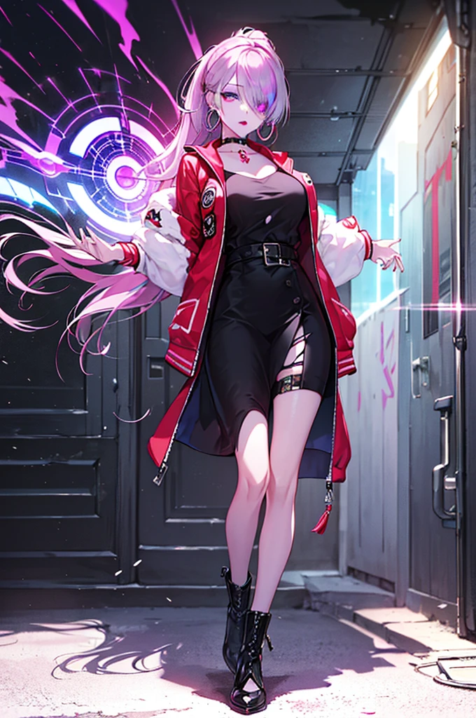 hair above one eye, red eyes, clear eyes, choker, Neon Shirt, torn legwear, open jacket, towards the wall, brick wall, graffiti, shining grafiti, shineing tattoos, shine, neon light, Black light,anime style, movie portrait photography, 1 female, 22 years ago, Full body Esbian,Blue eyes background, big and full breasts, anger, (scarlet colored hair), long hair, purple eyes, wearing a short black dress, (natural skin texture vivid details, surreal, (realistic detailed eyes, natural skin texture, realistic facial details), soft and dramatic lighting, Depth of written boundary, bokeh, vivid details, surreal, 35mm movie, hazy blur, movie,lipstick, ear piercing, eye shadow, hoop earrings, Red-pink lips, Multicolored red eyes, purple theme,Wear an iridescent aura,beautiful eyes,stand in front of the red gate、shrine,Jingumae,bold pose、decide on a pose,upper ponytail,Hanging bangs、shoot from below、Face straight down、Angle seen from the feet,boots