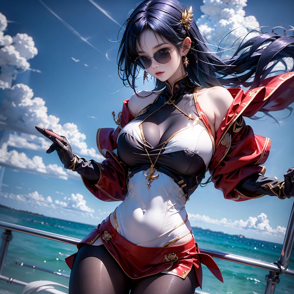 masterpiece, best quality,KFC, 1 Girl, Bangs, only_Shoulder, skirt, breast, Gloves, Jewelry, Large target_breast, long_hair, long_sleeve, Pantyhose, purple_Eye, purple_hair, shirt, Solitary,Viewer,sunglasses,Bikini, (sun, cloud,A renaissance city by the water,outdoor :1.1),Rendering in Blender((Isometric)),