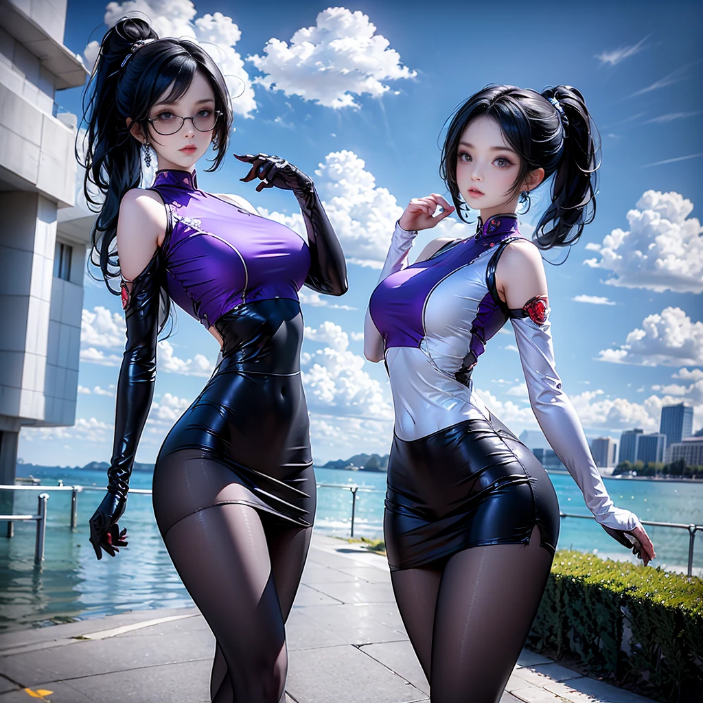 masterpiece, best quality,KFC, 1 Girl, Bangs, only_Shoulder, skirt, breast, Gloves, Jewelry, Large target_breast, long_hair, long_sleeve, Pantyhose, purple_Eye, purple_hair, shirt, Solitary,Viewer,sunglasses,Bikini, (sun, cloud,A renaissance city by the water,outdoor :1.1),Rendering in Blender((Isometric)),