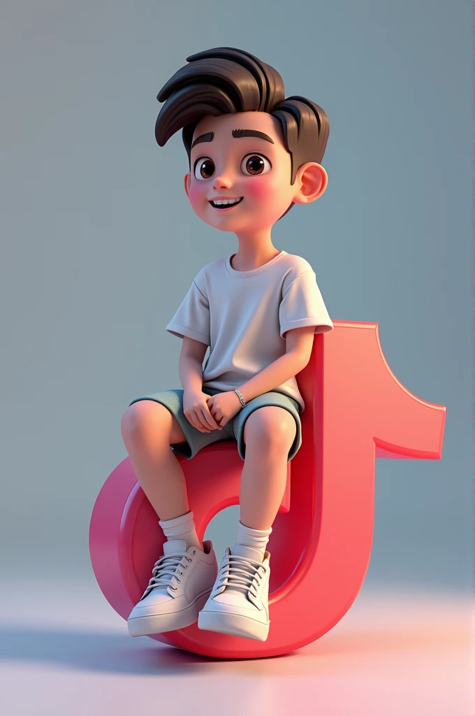 Create a 3D illustration of an animated character of a handsome boy sitting casually on top of a social media logo "tik tok". The character must wear modern dress such as shorts, t-shirt and sneakers. The background of the character is mockup of his Instagram profile page with a profile name "Dileth" and a profile picture same as character."