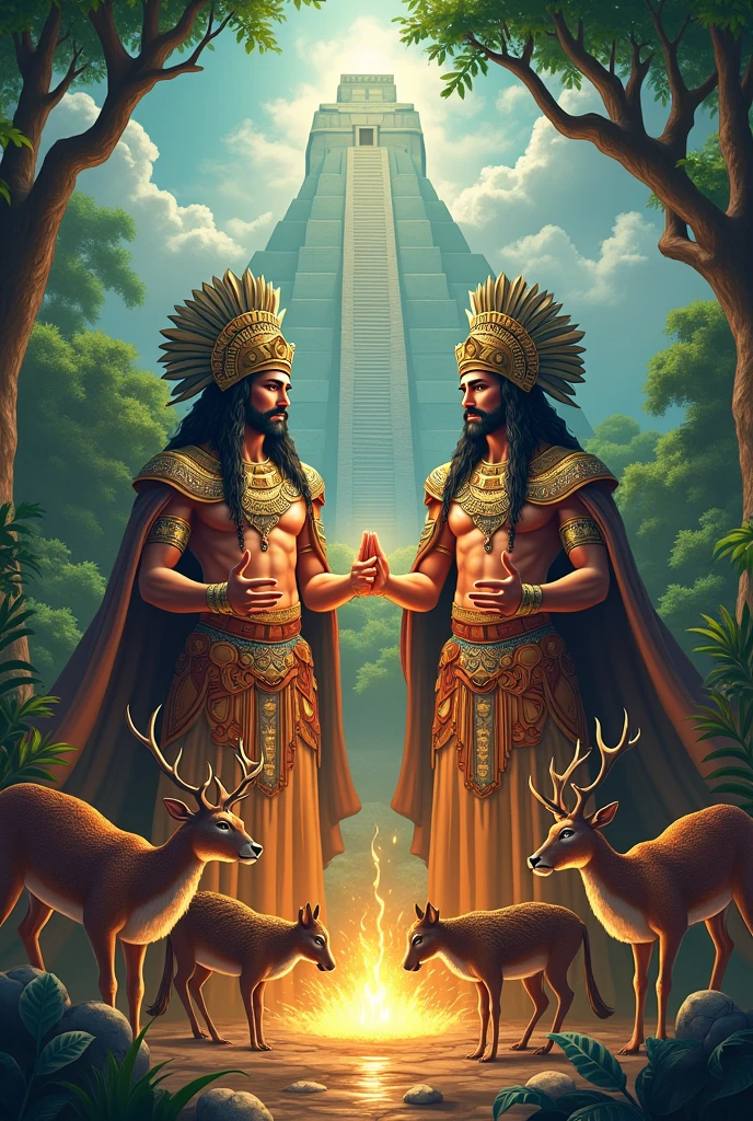 2 Mayan gods (men) creando men de maíz