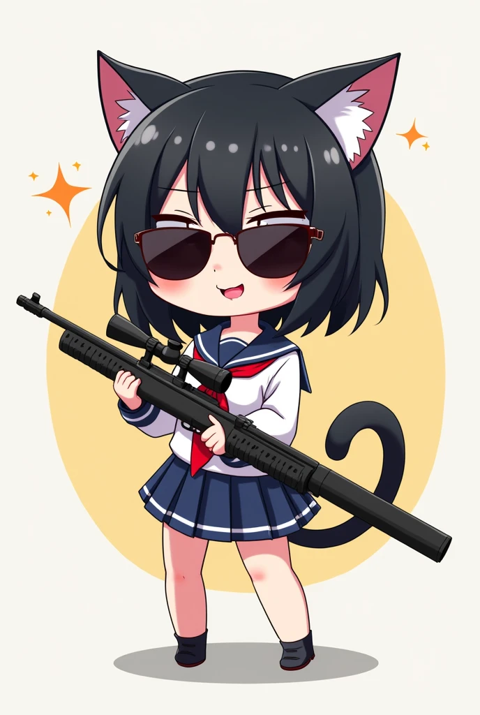 Cat　Cat耳　Chibi character　Girl　Sailor suit　sniper rifle　Black hair okata　Lolita　Wearing sunglasses