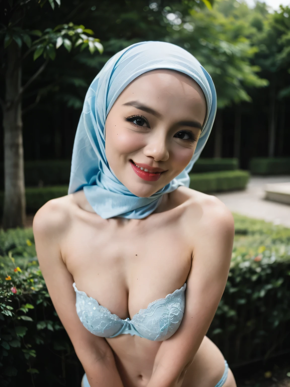 Malay women wearing hijab, sexy satin light blue color strapless bra and panties, portrait photography, 35 years old, mid shot photo, ultra detail, professional photograph with professional lighting, smile, at the outdoor garden background, sexy seducing pose, curvy,