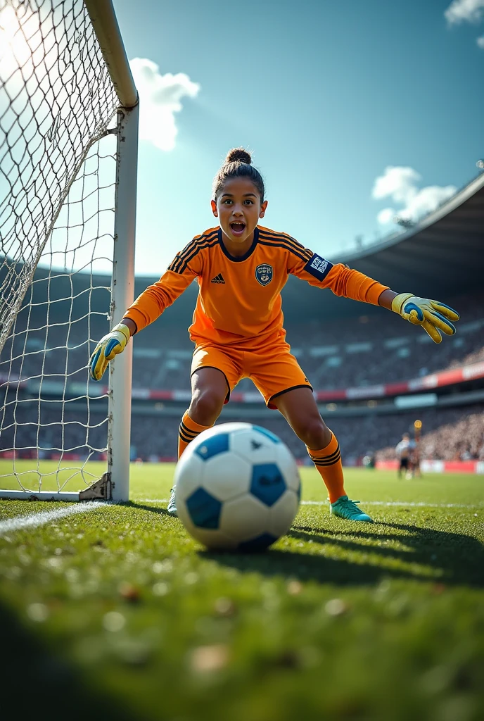Goalkeeper with goal in the background and ball