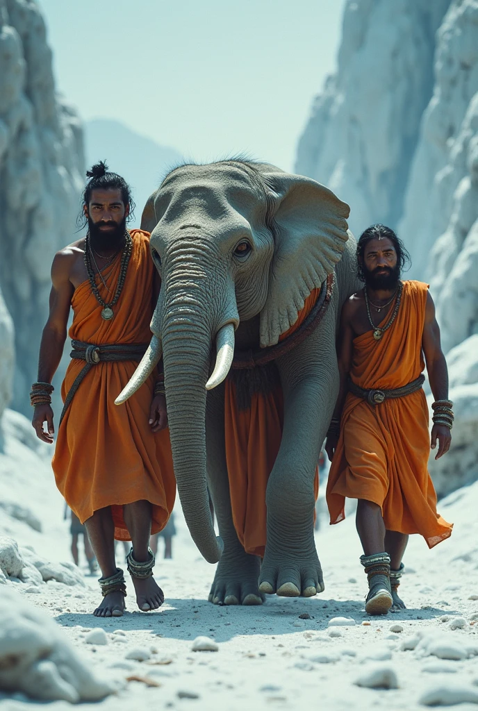 Few people of ice age with orange dhoti carrying the only the head of a dead elephant 