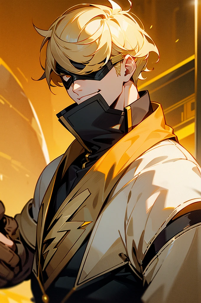 blonde hair, short hair, serious face, short hair, messy hair, street background, mature male, lean build, white and gold super hero outfit, golden mask covering eyes, flash symbol on shirt, big flash symbol, smirking, orange lighting around person