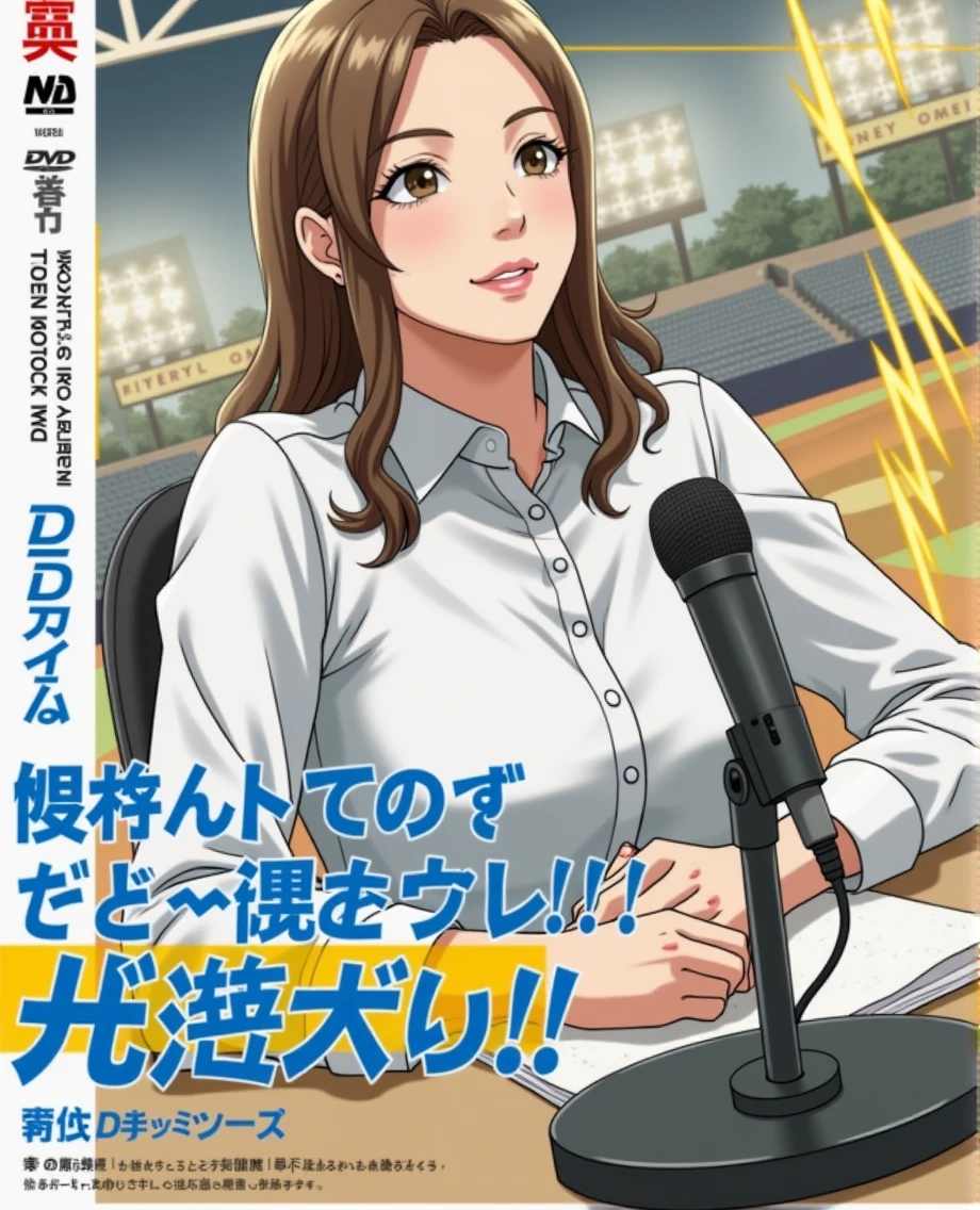 (((photograph、Realistic)))Woman sitting at a desk in front of a microphone, instagramart, Shinhanga, baseball stadium during a game, bright atmosphere, Tokyo Dome, covered!!, official media, toriyama akira, lightning!! (((photo, Photorealism))) Adult video poster layout, (((on-screen text: "The current female announcer of that famous baseball team makes a shocking AV debut!!"))), (((DVD mark, Blu-ray mark))).