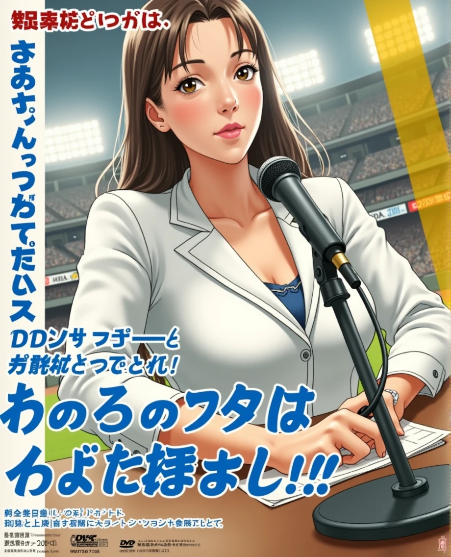 (((photograph、Realistic)))Woman sitting at a desk in front of a microphone, instagramart, Shinhanga, baseball stadium during a game, bright atmosphere, Tokyo Dome, covered!!, official media, toriyama akira, lightning!! (((photo, Photorealism))) Adult video poster layout, (((on-screen text: "The current female announcer of that famous baseball team makes a shocking AV debut!!"))), (((DVD mark, Blu-ray mark))).