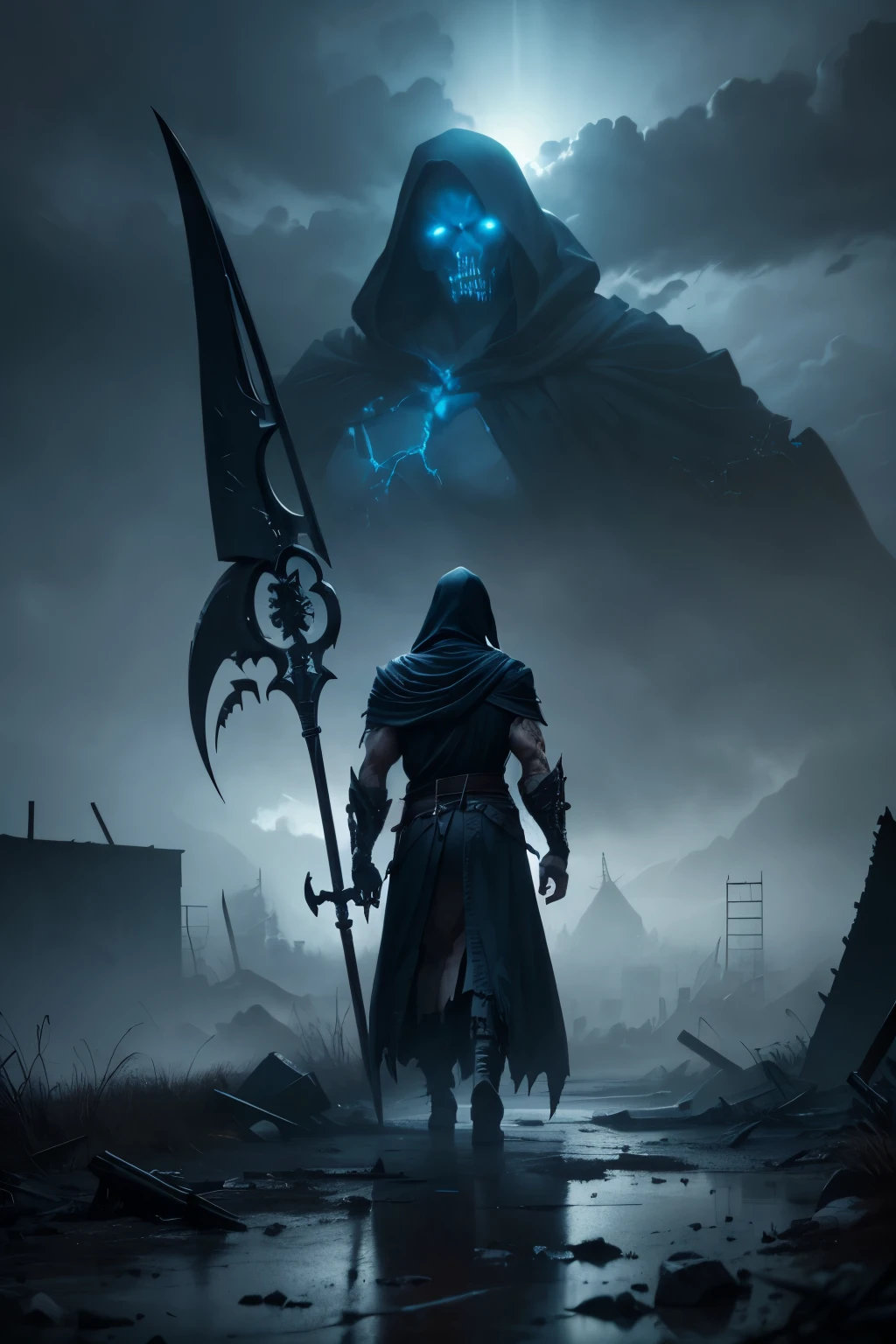 A terrifying Grimm Reaper warrior, post-apocalyptic landscape, dark moody atmosphere, piercing blue eyes, ominous clouds, dramatic lighting, muscular figure, hooded robe, scythe weapon, abandoned ruins, cracked earth, desolate environment, cinematic composition, hyperrealistic, dramatic shadows