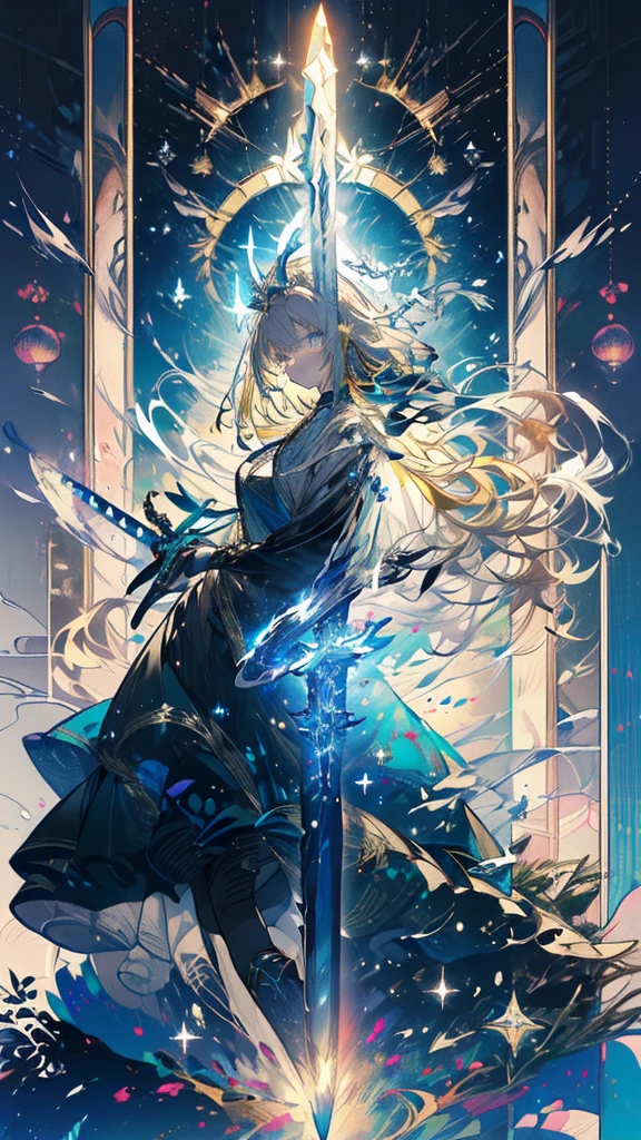 (Official Art、Highest quality、unity 8k wallpaper、32K、masterpiece、Very detailed、Ultra-high resolution、Realistic、realism、very interesting:1.2)、(Cinema Lighting:1.2)、Fire effect、Film Grain、The best shade、Edge lighting、Side light、(Very detailed且复杂的 3D 渲染)、细致Beautiful Face庞和眼睛、Sharp pupils、Realistic学生、Slender女人、Medium Bust、(whole body:1.2)、 Beautiful Face、Beautiful 16 year old girl、(super fine muscle、Detailed skin texture:1.3)、(Silver Blonde、Blue-silver hair:1.3)、Paladin、Long Hair、Blunt bangs、Green Eyes、3 braids 1 bundle、(Blue Armor、Blue Boots、Blue Helmet、Decorated with jewels、Gold embroidery)、Slender、Long skirt、(big :0.8)、(Chis、Inside the house、Art stained glass、Large Pipe Organ、Hello、mystery、a lot of feathers floating、Angelic、Particles of light、Severe、The sun、colorful、wonderful:1.2)、(wonderful:1.3)、(With the holy sword in hand:1.4)、wonderful、Laugh and laugh