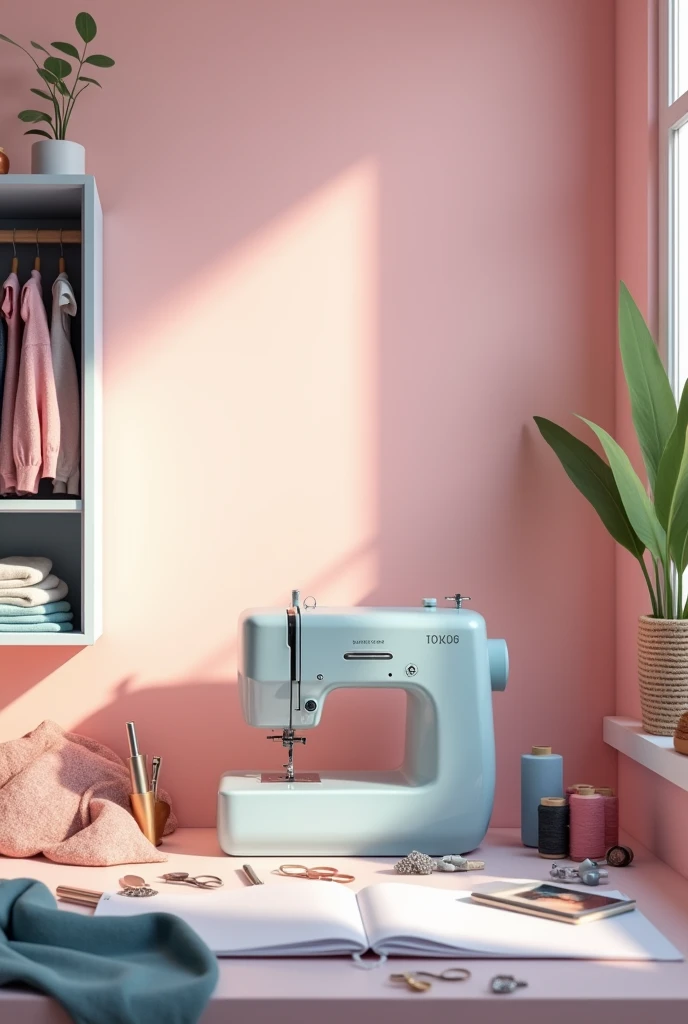 Create an image of a sewing workshop with its materials and a sewing machine, without people in it in pink colors, blue, black and gray, with a space in the center
