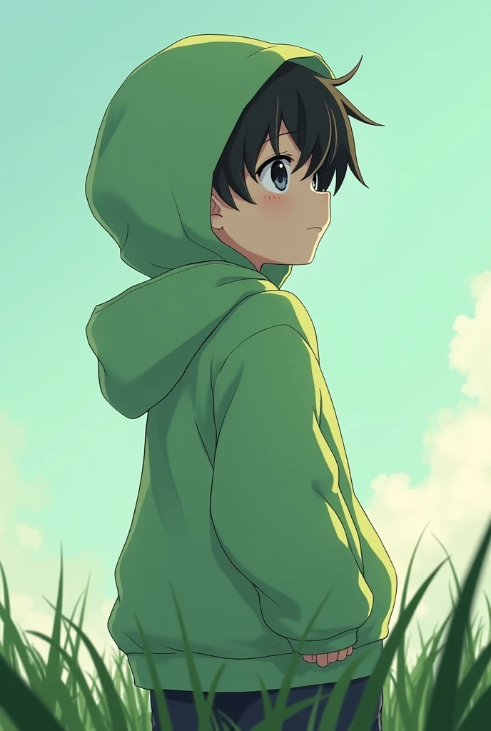 masterpiece, Alone, loli boy with a pastel green oversize hoodie anime of profile full body, dark black eyes, in a grass biome, loking for right