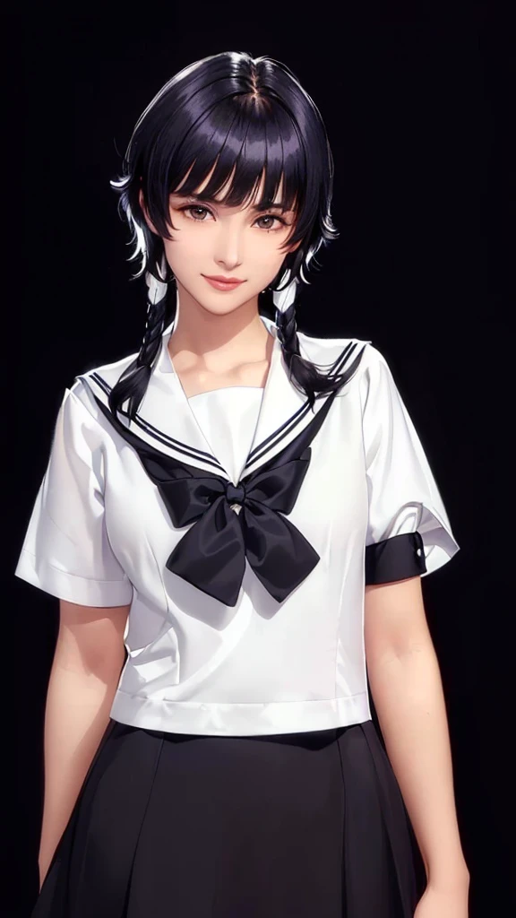 (((Perfect body,White and tender skin,(((JK_style,short-sleeved JK_shirt,short-sleeved JK_sailor,JK_suit,JK_tie ))),(((sui-feng, short hair, short hair with long locks,Black hair))),((masterpiece)),high resolution, ((Best quality at best)),masterpiece,quality,Best quality,((( Exquisite facial features,Looking at the audience,There is light in the eyes,Smile))),))),(((Light and shadow,Small chest,))),(((Looking at the camera,black background,)))),