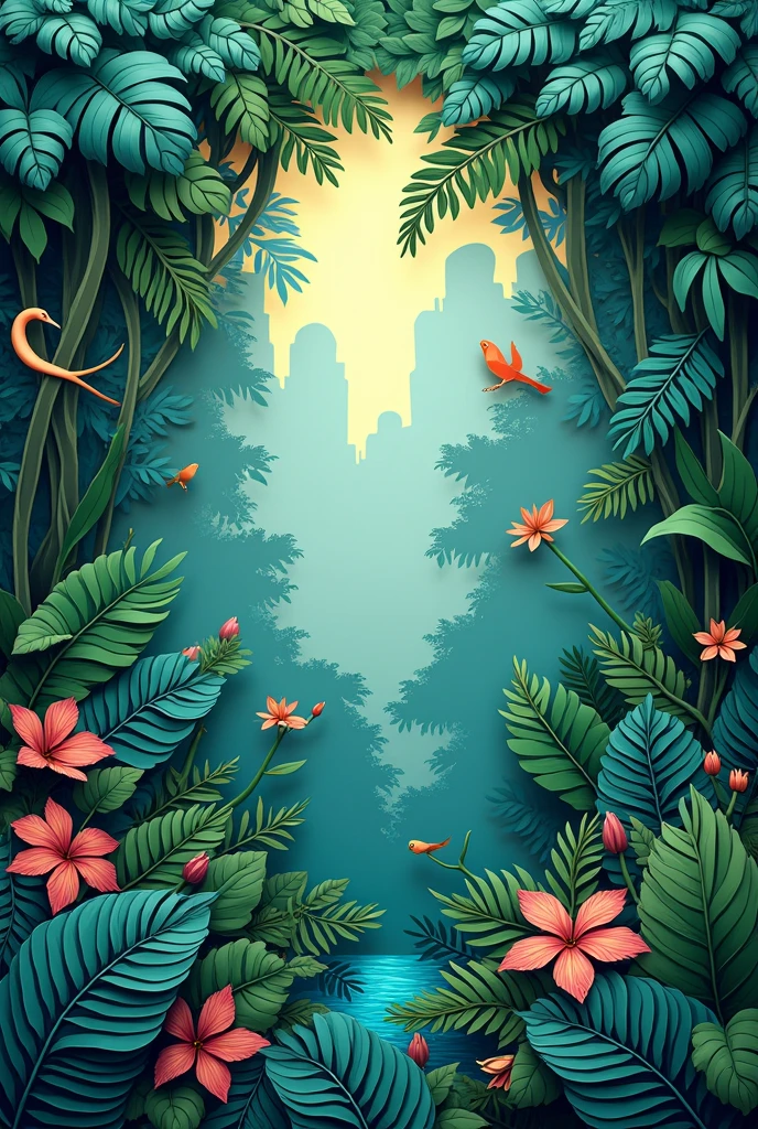 papercut art A very detailed and intricate cutout of a jungle landscape. Please make sure the animals blend in so that they are not easily noticeable.