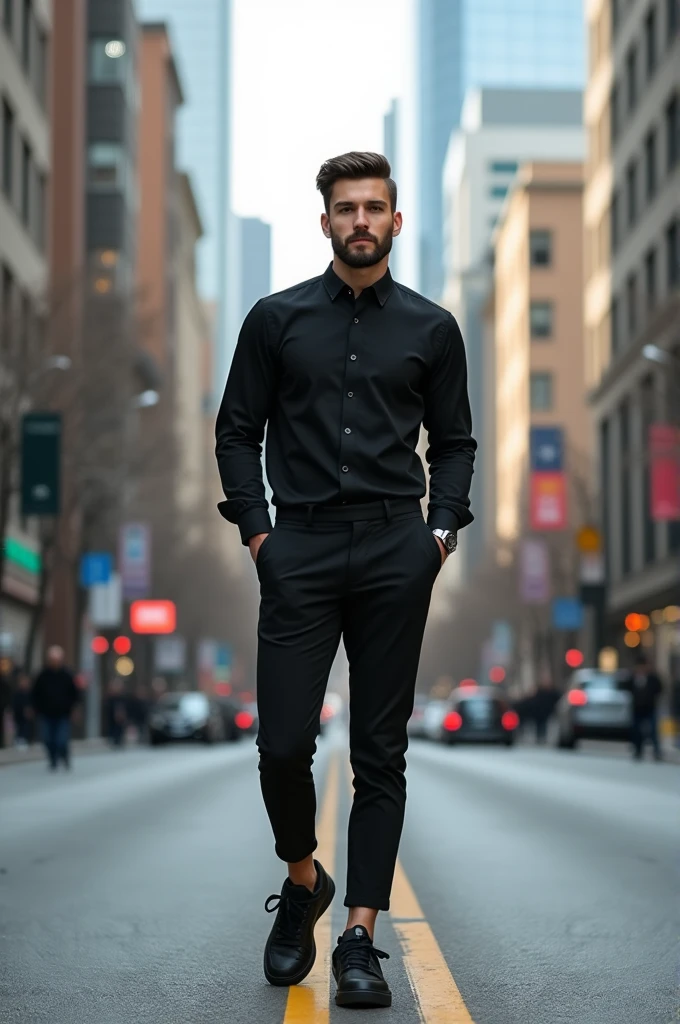 Hi, can you make me a picture of a man with a black long-sleeved shirt and dress pants with black AF1s?