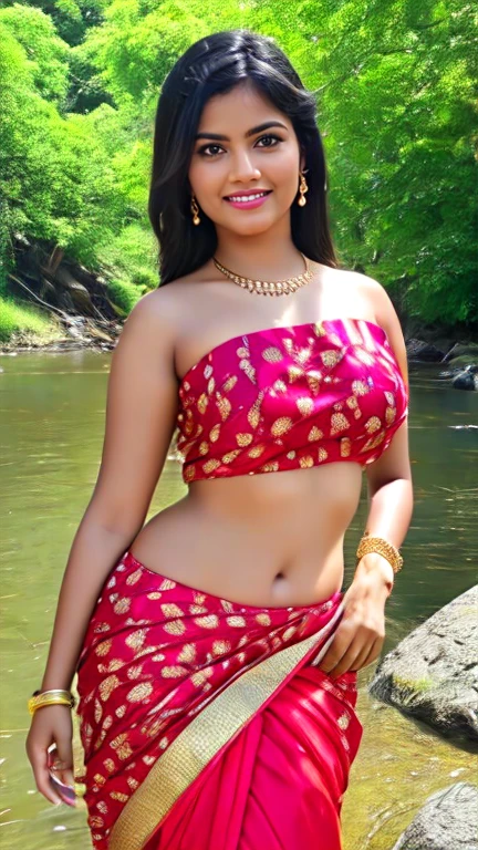 26 years old beautiful face cute sexy Indian girl, curvy figure, beautiful different colorful covered design strapless blouse Banarasi design saree, big m-cup tight breast, different hairstyle, bright eyes, thin eyebrows, fair skin, blushing cheeks, head to thigh view, smiling face, Kamasutra expression, Straight front view standing beautiful different village river side rock background, ultra realistic, head to thigh view, black hair, Provocative eye Contact, glossy lips, attractive eye contract face, oval cleavage, sunlight effect