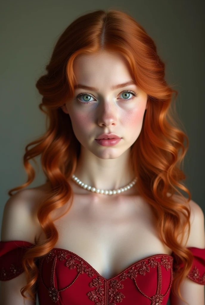 Photograph of a  girl, perfect face, masterpiece, princess clothes, green eyes, redhead, white pearls , red , from head to toe