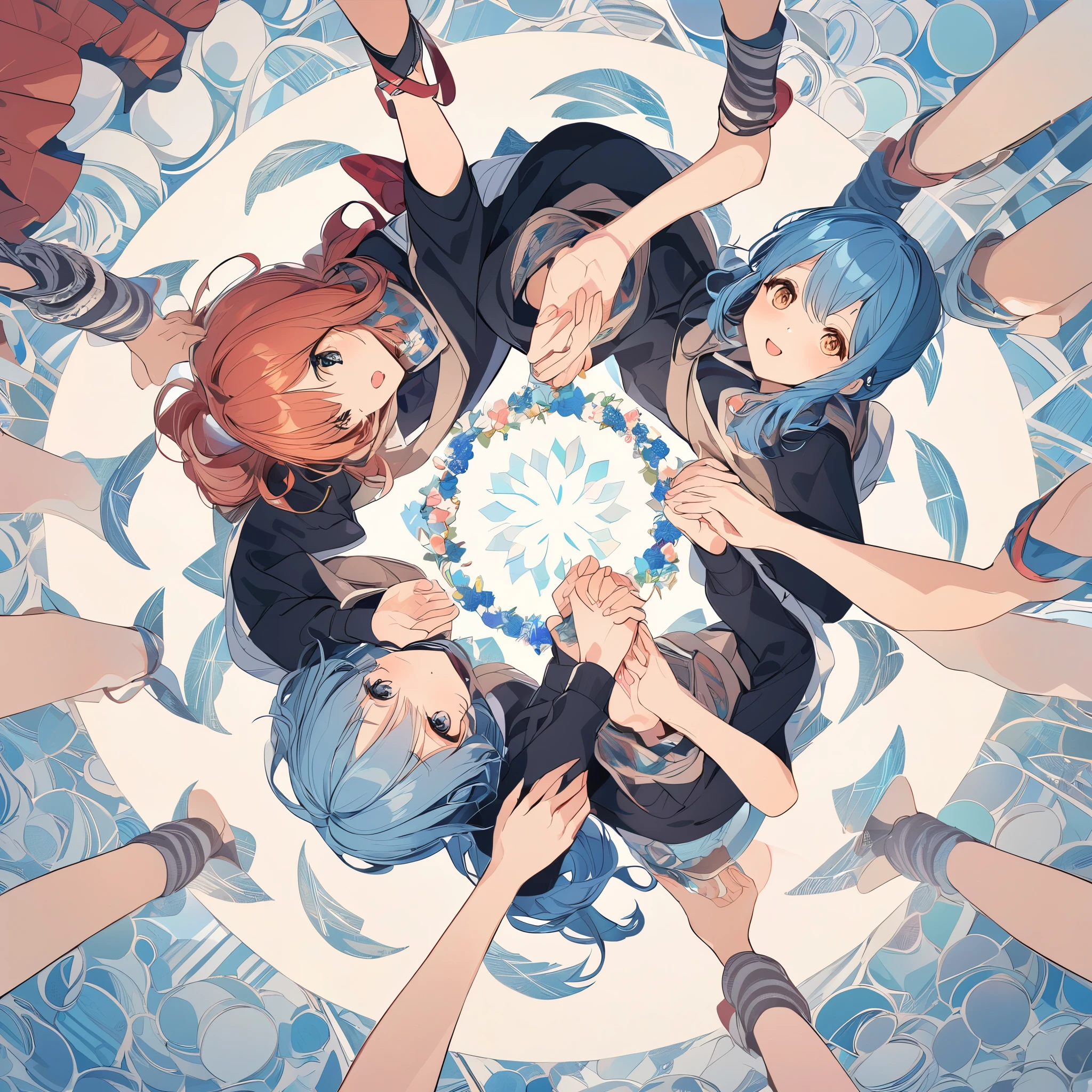 Circle Composition, three girls holding hands, From above,