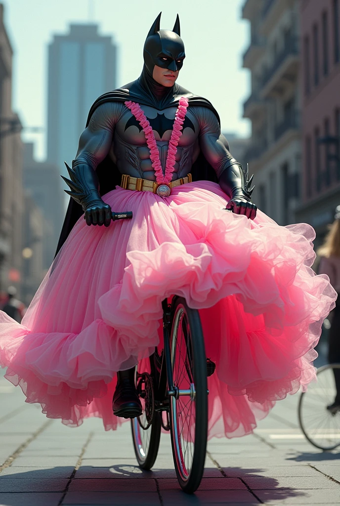 Batman in pink princess dress, cycling, side view, with pink outfit