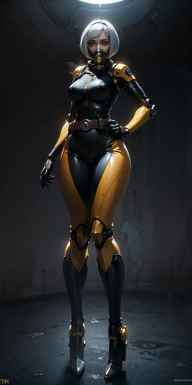 Unreal Engine, Octane render, 8k, ultra sharp. Intricate, highly detailed robot girl with a mechanical body, yellow bright eyes, and a white bob haircut covered by a black gas mask. She is standing solo, full body, with hands on hips, feet together, viewed from below. Features a leather choker, big belt, bracers, and a tiara.