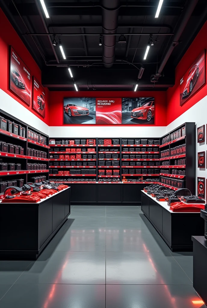 I want to open a business selling car batteries, that it is a modern place, that red and black colors predominate, with posters on the walls, shelves with batteries, a piece of furniture with car accessories.
I want a complete view inside the day business