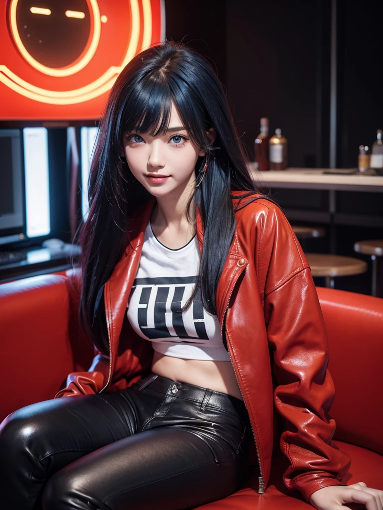 Best Quality，8k，middle School girls，Red Leather Jacket，I'm grating my bangs，Straight Hair，perfectionにまっすぐな髪型，Smooth hair，colorful hair colors，blue eyes，Flashy hair，Cyberpunk Girl，Naughty Girls，model，Absurd，Wearing leather pants，Horny girl，Naughty Girls，masterpiece，perfection，hoodie，smile，Long Hair，Sitting in a chair，