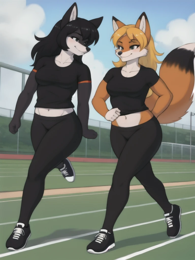 Furry, fox, female, black shirt, black leggings, shoes, running track, friends, full body