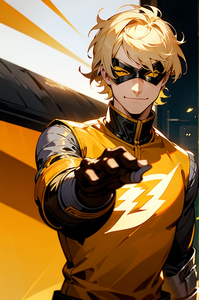 blonde hair, short hair, serious face, short hair, messy hair, street background, mature male, lean build, white and gold super hero outfit, golden mask covering eyes, flash symbol on shirt, big flash symbol, smirking, orange lighting around person
