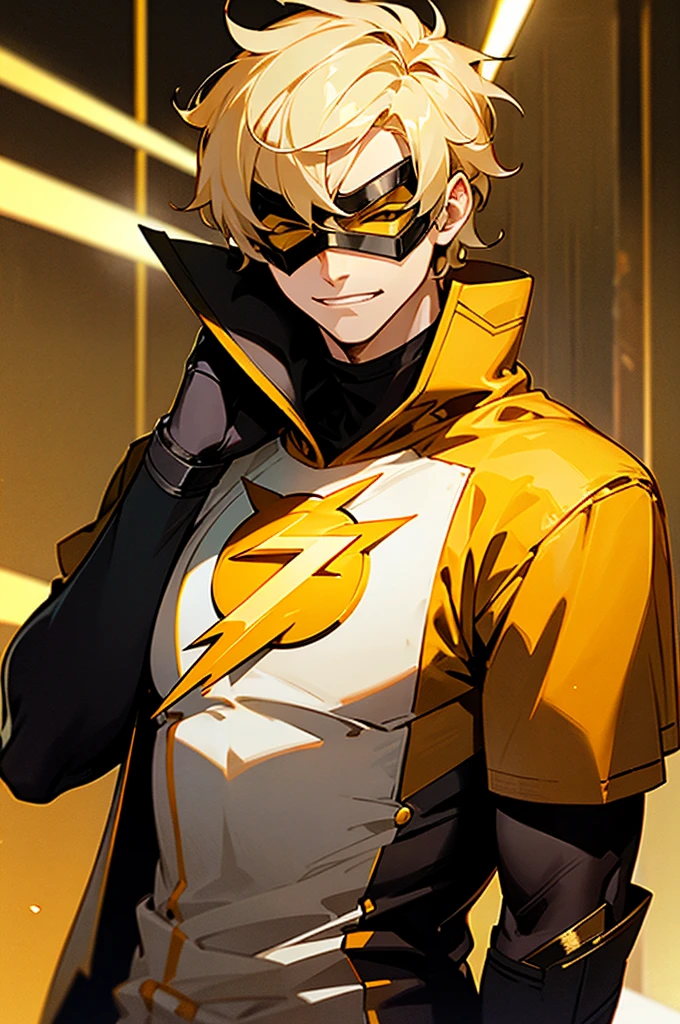 blonde hair, short hair, serious face, short hair, messy hair, street background, mature male, lean build, white and gold super hero outfit, golden mask covering eyes, flash symbol on shirt, big flash symbol, smirking, orange lighting around person
